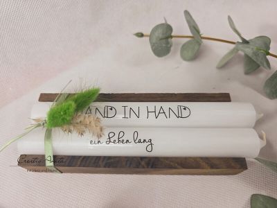 Hochzeitsgeschenk Kerzen - Stabkerzen mit Spruch -Hand in Hand- grün