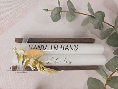 Hochzeitsgeschenk Kerzen - Stabkerzen mit Spruch -Hand in Hand- natur