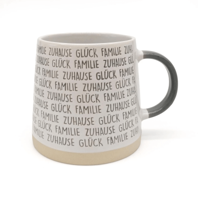 Tasse mit Henkel -Glück - Familie - Zuhause- grau