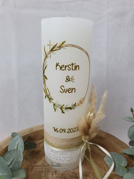 Hochzeitskerze Rustik weiß groß - mit/ohne Teelichteinsatz - mit Blütenkreis gold, taupe und olive - FILIGRAN