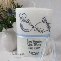 Hochzeitskerze in Perlmutt-Weiß - oval - in grau-blau-weiß - personalisiert- SONDERPREIS